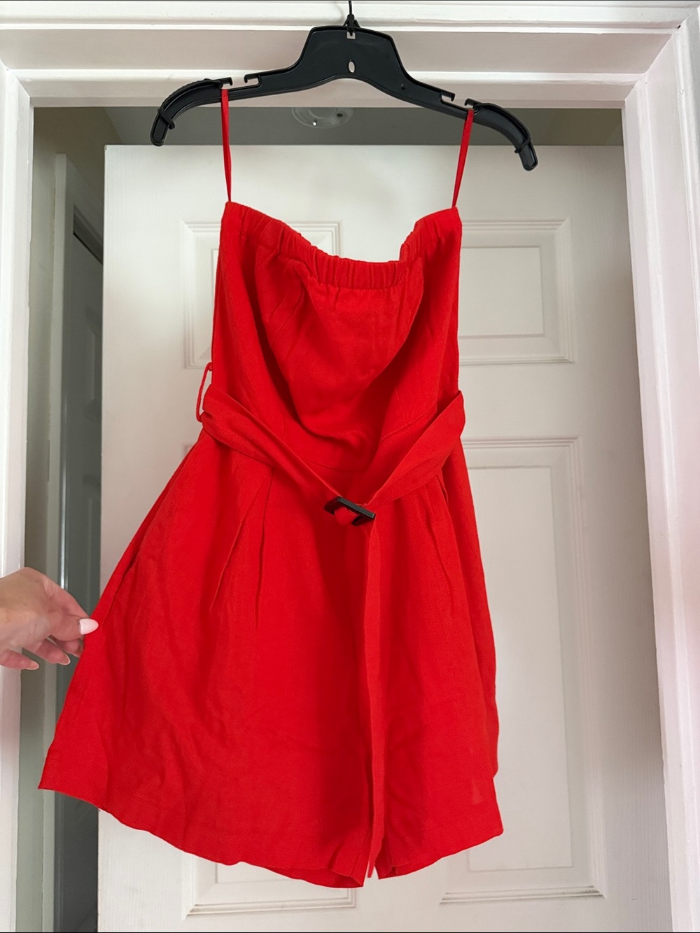 Red Strapless Romper.